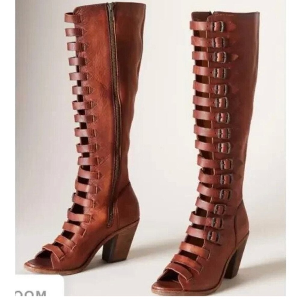Frye Brown Strappy Knee-High Peep-Toe Heeled Boots